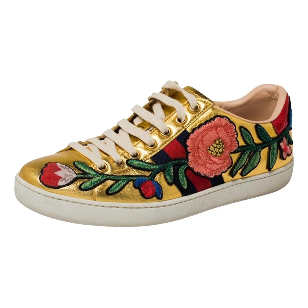 Gucci Gold Floral Embroidered Sneakers